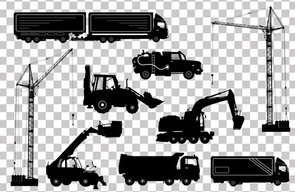 Attrezzature per l'edilizia: camion, escavatori, bulldozer, ascensore, gru. Silhouette dettagliate di macchine da costruzione isolate. Illustrazione vettoriale — Vettoriale Stock