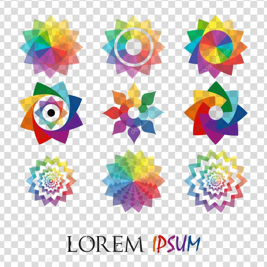 Pack of 9 transparent rainbow abstract geometric flowers logo template isolated. Business abstract icon. Use for logo, sign, symbol, web, label, icon. Vector illustration