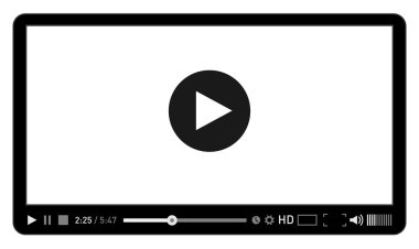 Siyah ve beyaz video oynatıcı şablon web ve mobil uygulamalar için düz stil. Vektör çizim