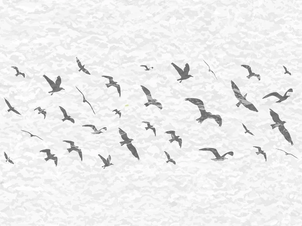 Siluetas de aves voladoras sobre fondo grunge blanco. Ilustración vectorial — Archivo Imágenes Vectoriales