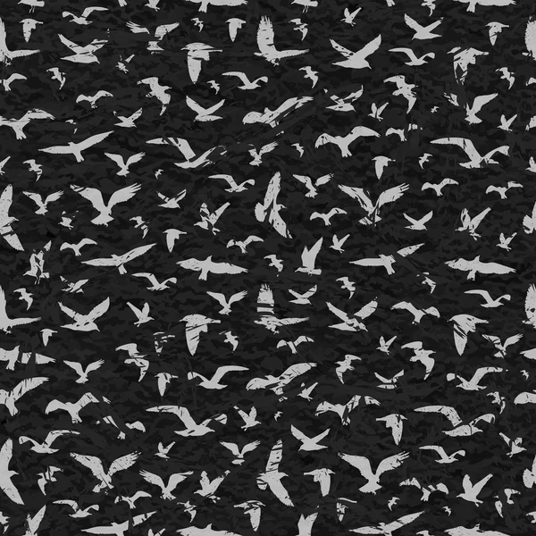Grunge patrón sin costura de aves voladoras fondo negro. Ilustración vectorial — Vector de stock