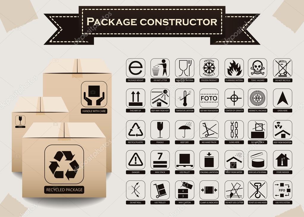 Vector package constructor. Packaging symbols.  Icon set including waste recycling, fragile, flammable, this side up, handle with care, keep dry and others. Vector illustration