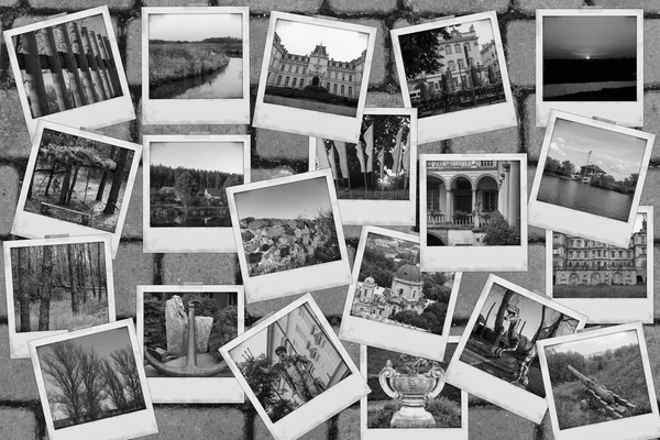 Mosaic collage mix travel with pictures of different places, landscapes and objects shot by myself black and white on stone paving texture — Stock Photo, Image