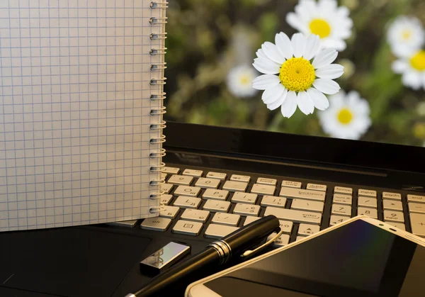 Bureau avec ordinateur portable, téléphone intelligent, stylo, lecteur flash et wordpad avec fond de fleurs — Photo