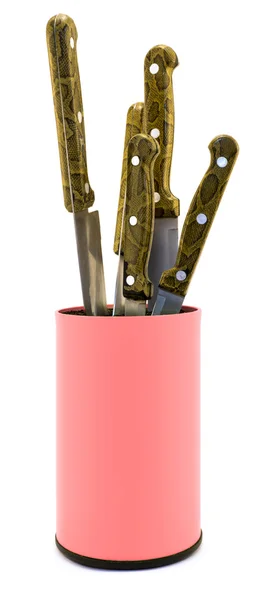 Organizador de cajas de cuchillos de cocina de plástico rosa aislado en blanco — Foto de Stock
