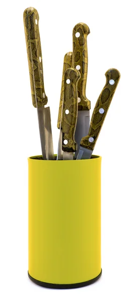 Organizador de cajas de cuchillos de cocina de plástico amarillo aislado en blanco — Foto de Stock