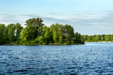 Nehir, orman, çalılar, çim ve gökyüzü Panoraması