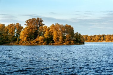 Nehir, orman, çalılar, çim ve sonbaharda gökyüzü Panoraması