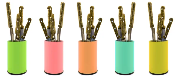 Mix Packung farbige Kunststoff-Küchenmesser Box Organizer isoliert auf weiß - säuregrün, rosa, orange, meerblau, gelb — Stockfoto