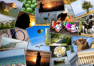 Mosaic collage mix travel in summer 2015 with pictures of different places, landscapes and objects shot by myself filtered