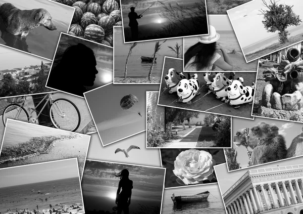 Mosaik Collage Mix Reise im Sommer 2015 mit Bildern von verschiedenen Orten, Landschaften und Objekten von mir aufgenommen schwarz-weiß — Stockfoto