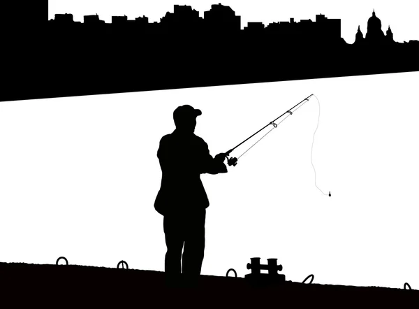 Silhouette of fisherman with fishing rod on pier fishing on background of night city black and white — Stock Fotó