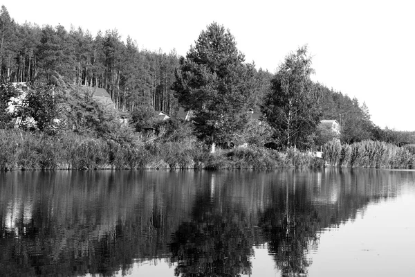 Casa do rio com reflexos e céu perto da floresta preto e branco — Fotografia de Stock