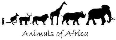 Silhouettes of animals of Africa: meerkat, kangaroo, kudu antelope, lion, giraffe, rhino, elephant isolated on white clipart
