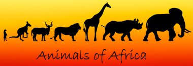 Afrika'nın hayvanların siluetleri: çöl faresi, kanguru, kudu antilop, aslan, zürafa, Gergedan, fil günbatımı degrade arka plan üzerinde
