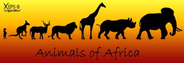 Afrika'nın hayvanların siluetleri: çöl faresi, kanguru, kudu antilop, aslan, zürafa, Gergedan, fil. Vektör çizim