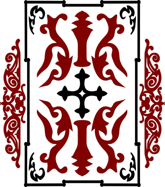 Ornamento do vintage antigo vermelho e preto no fundo branco no estilo de escudo de guerra cruzado com uma cruz. Ilustração vetorial —  Vetores de Stock