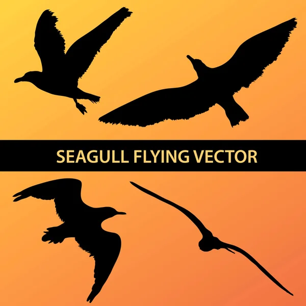 Set of silhouette seagull flying 4 in 1 on sunset background. Vector illustration — Stock Vector