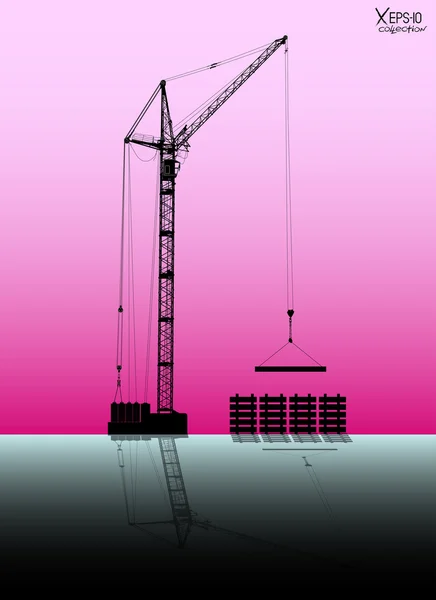 Grue de levage vectorielle haute précision avec réflexion soulevant une charge sur fond rose. Illustration vectorielle — Image vectorielle