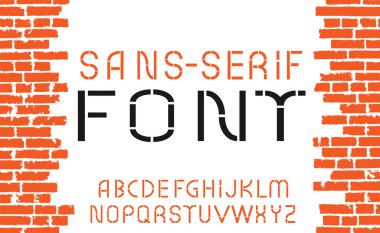 Orange sans-serif modern font on old brick wall background. Vector illustration