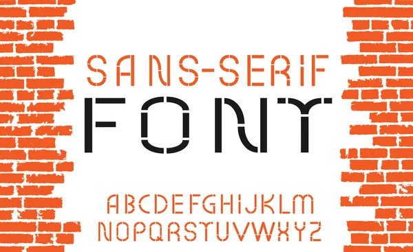 Orange sans-serif modern font on old brick wall background. Vector illustration — Stockový vektor