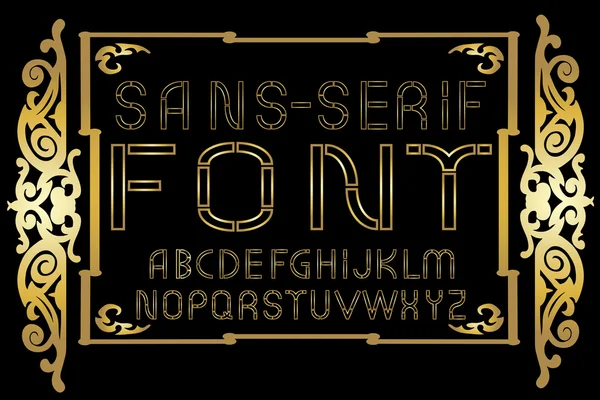 Fuente moderna sans-serif dorada sobre fondo de marco vintage dorado. Ilustración vectorial — Vector de stock