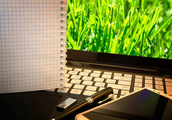 Lieu de travail de bureau avec ordinateur portable, téléphone intelligent, stylo, lecteur flash et wordpad avec fond d'herbe verte haute contraste avec effet vignettage — Photo