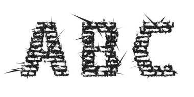 High detailed black empty decorative aggressive brick styled vintage font. Letters A, B, C. Vector illustration