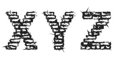 High detailed black empty decorative aggressive brick styled vintage font. Letters X, Y, Z. Vector illustration