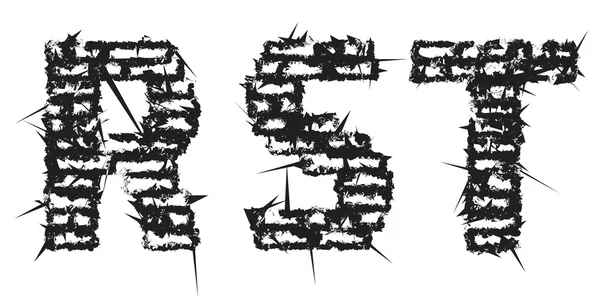 Високо деталізований чорний порожній декоративний агресивний цегляний вінтажний шрифт. Літери R, S, T. Векторні ілюстрації — стоковий вектор