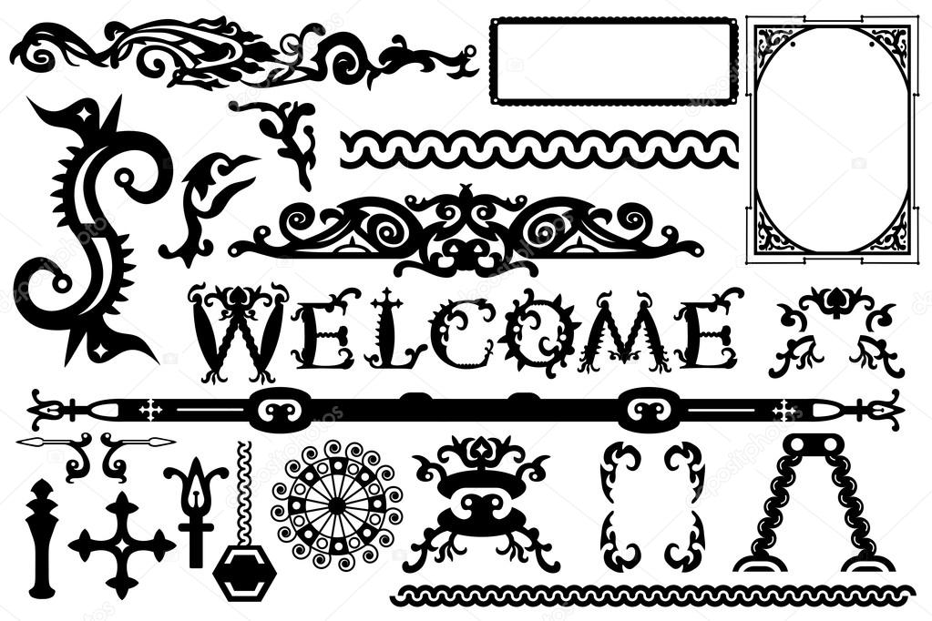 Detailed vintage vector elements in a gothic Halloween style: font, frames, swirls, ornaments, parts etc. Vector illustration