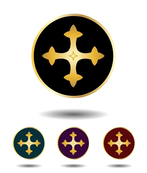 Vektor-Symbol-Logo Set 3 in 1 mit Vintage-Gothic-Gold-Kreuz auf schwarzem, grünem, violettem und rotem Hintergrund isoliert auf weißem mit Schatten — Stockvektor