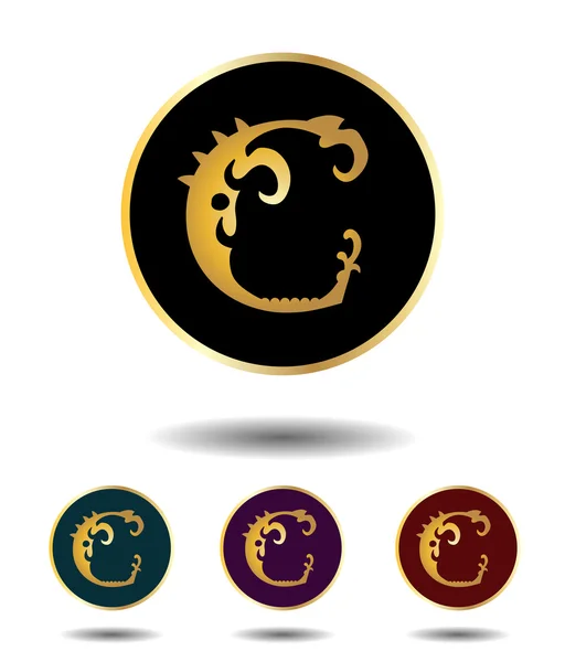 Logotipo icono vectorial 3 en 1 con letra de oro gótico vintage "C" sobre fondo negro, verde, violeta y rojo aislado sobre blanco con sombra — Archivo Imágenes Vectoriales