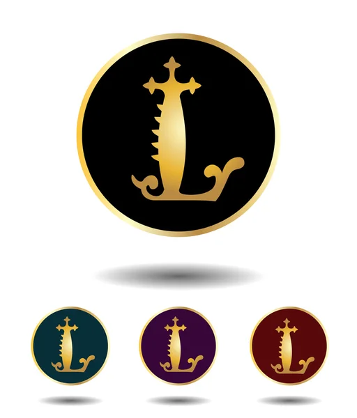 Векторный логотип 3 в 1 комплекте с старинной готической золотой буквой "L" на черном, зеленом, фиолетовом и красном фоне, изолированном на белом фоне с тенью — стоковый вектор