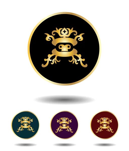 Logotipo del icono del vector 3 en 1 con máscara mongola de oro gótico vintage sobre fondo negro, verde, violeta y rojo aislado sobre blanco con sombra — Archivo Imágenes Vectoriales