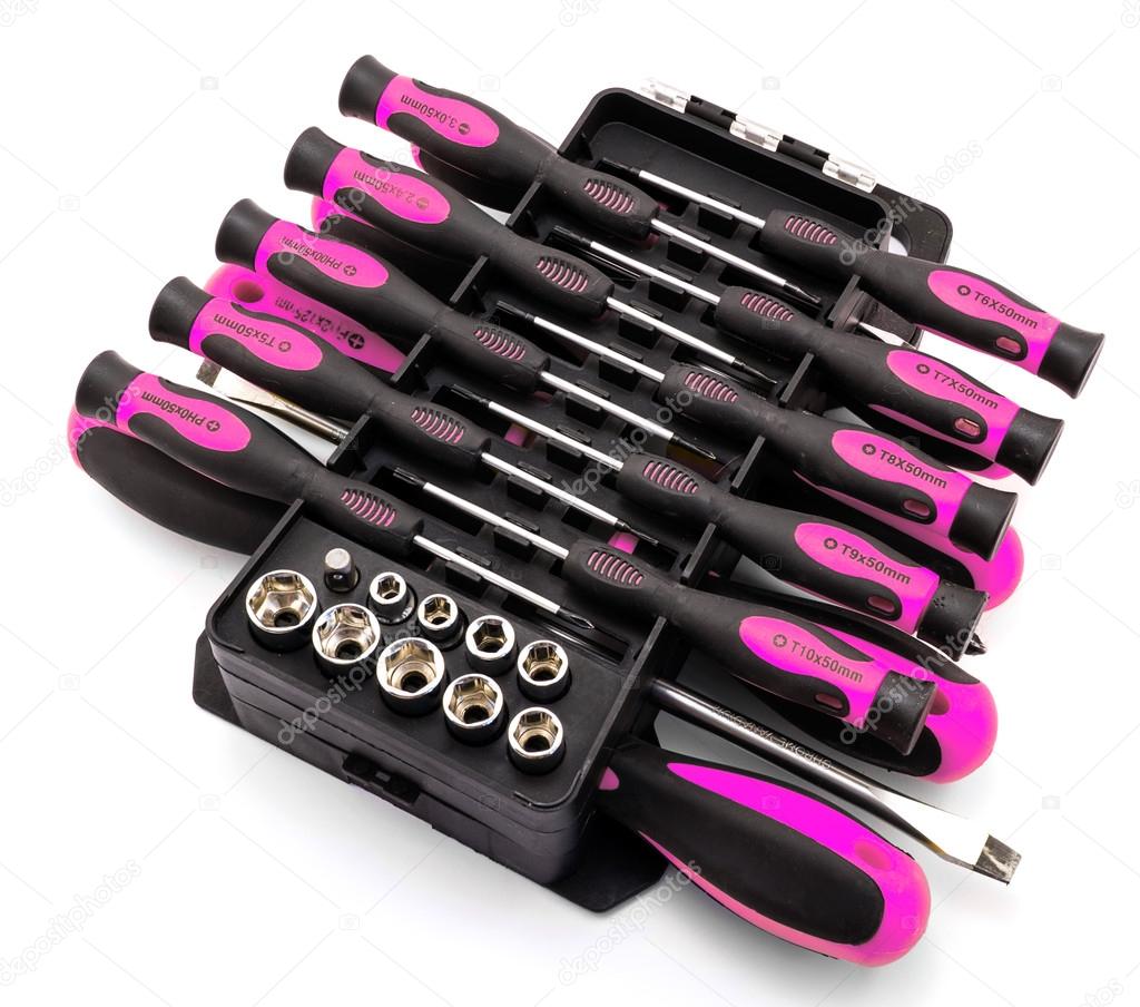 Black and pink screwdriver set in organizer box isolated on white Stock  Photo by ©BoxerX 87491226