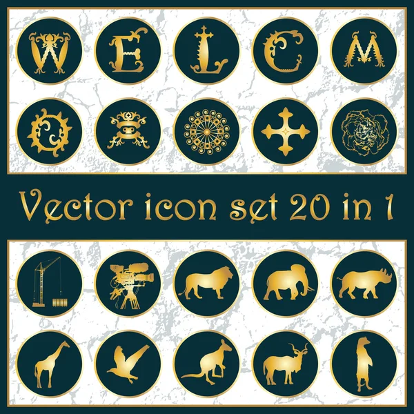 Set of vintage gold vector icon logo 20 in 1 with letters "W, E, L, C, O, M", animals silhouettes, ornaments, cross, crane, camera, mask and flower on dark blue background Royalty Free Stock Illustrations
