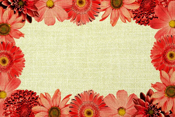 Marco vintage con flores rojas collage mezcla gerbera, crisantemo, dalia, primula, girasol decorativo y textura de tela vieja caliente filtrado — Foto de Stock