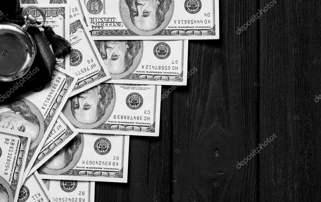 Stack Of Money Dollars Laid Out Like A Ladder With Antique Gold Watch On Black Retro Stylized Wood Background Black And White Stock Photo Image By C Boxerx