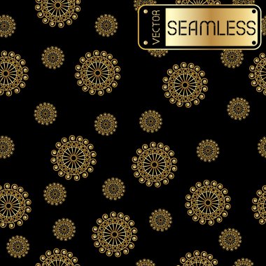 Soyut sorunsuz vektör altın swirls siyah doku arka plan üzerinde desenle. Vektör çizim