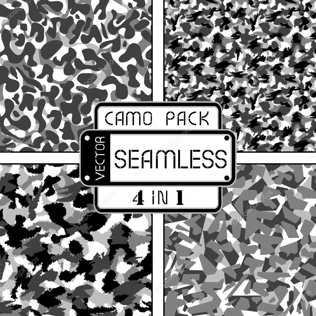 War black and white urban camouflage pack 4 in 1 seamless vector pattern. Can be used for wallpaper, pattern fills, web page background, surface textures. Vector illustration