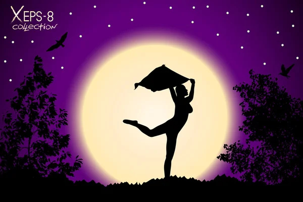 Young girl silhouette with shawl dancing on background of purple sunset and starry sky with trees, birds. Vector illustration — Stock Vector