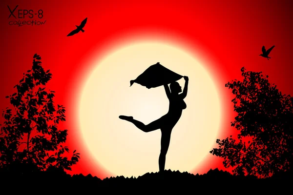 Ung flicka siluett med sjal dans på bakgrund av röd solnedgång med träd, fåglar. Vektor illustration — Stock vektor