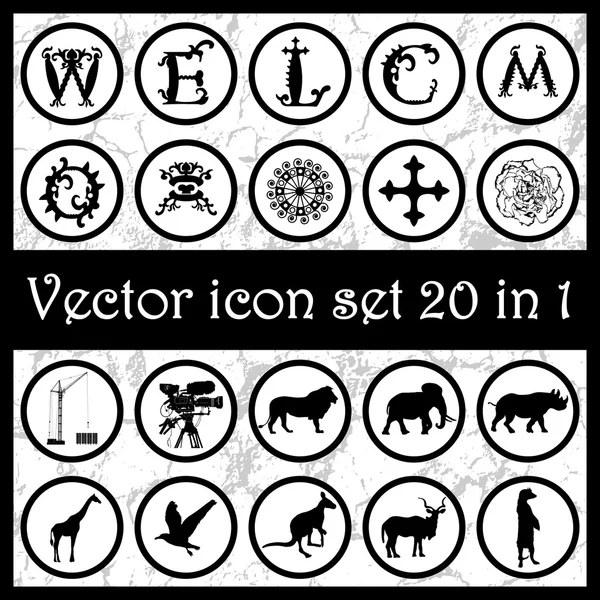 Set of vintage vector icons logos 20 in 1 with letters "W, E, L, C, O, M", animals silhouettes, ornaments, cross, crane, camera, mask and flower. Vector illustration Stock Illustration