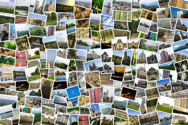 Asymmetrical mosaic mix collage of 200+ photos of different places, landscapes, objects  shot by myself during Europe travels — Stock Photo, Image