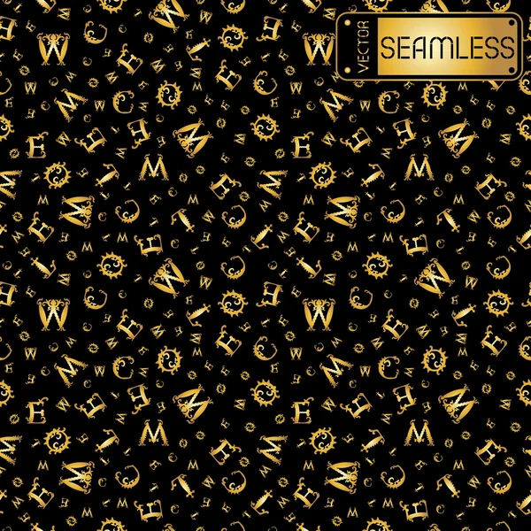 Vektorové zlaté vintage vzor bezešvé s zakřivená písmena na černém pozadí. Vektorové ilustrace — Stockový vektor