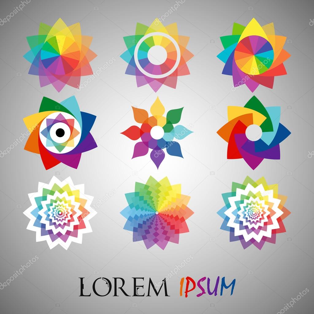 Pack of 9 transparent rainbow abstract geometric flowers logo template. Business abstract icon. Use for logo, sign, symbol, web, label, icon. Vector illustration