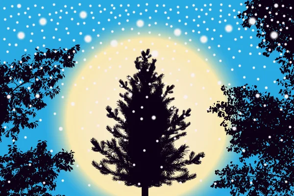 Abstrakte fallende Schneeteilchen, Silvester-Weihnachtsbaum und Konturen von Baumblättern auf lila Sonnenuntergang Hintergrund. Stil Hintergrund für Präsentation, Dekoration und Karten-Design. Vektorillustration — Stockvektor