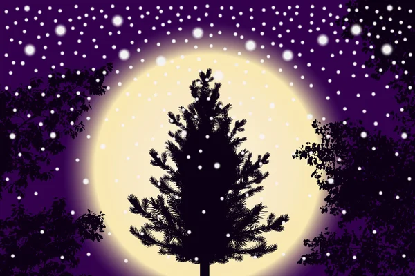 Soyut kar parçacıkları düşen, yeni yıl Noel ağacı ve kontur ağacının yaprakları mor günbatımı arka plan üzerinde. Sunum, dekorasyon ve kartları tasarımı için arka plan stili. Vektör çizim — Stok Vektör