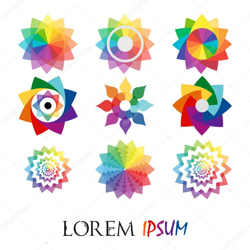 Pack of 9 transparent rainbow abstract geometric flowers logo template on white background. Business abstract icon. Use for logo, sign, symbol, web, label, icon. Vector illustration